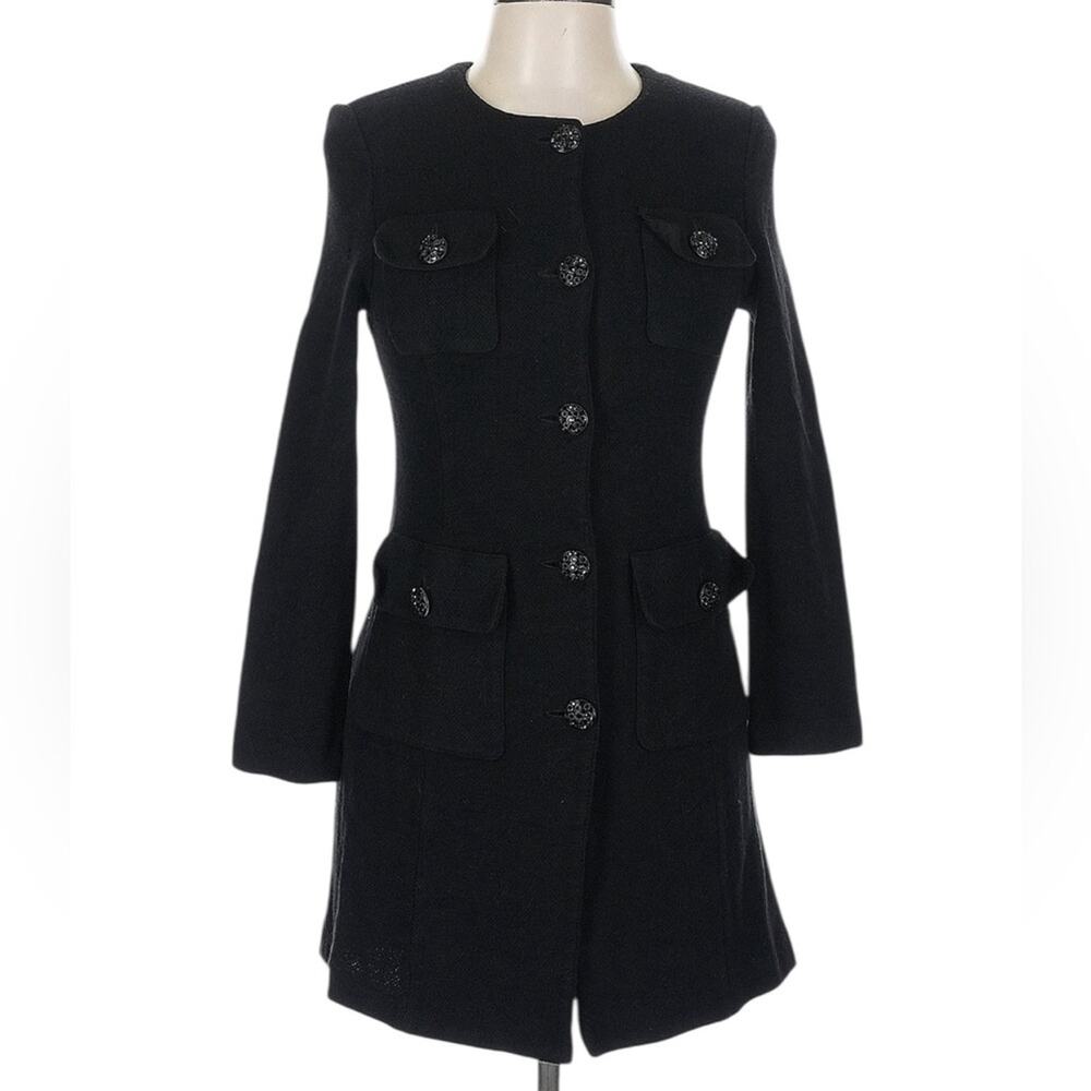 St. John Caviar Black Wool Blend Long line Cardigan Blazer Coat Size 10